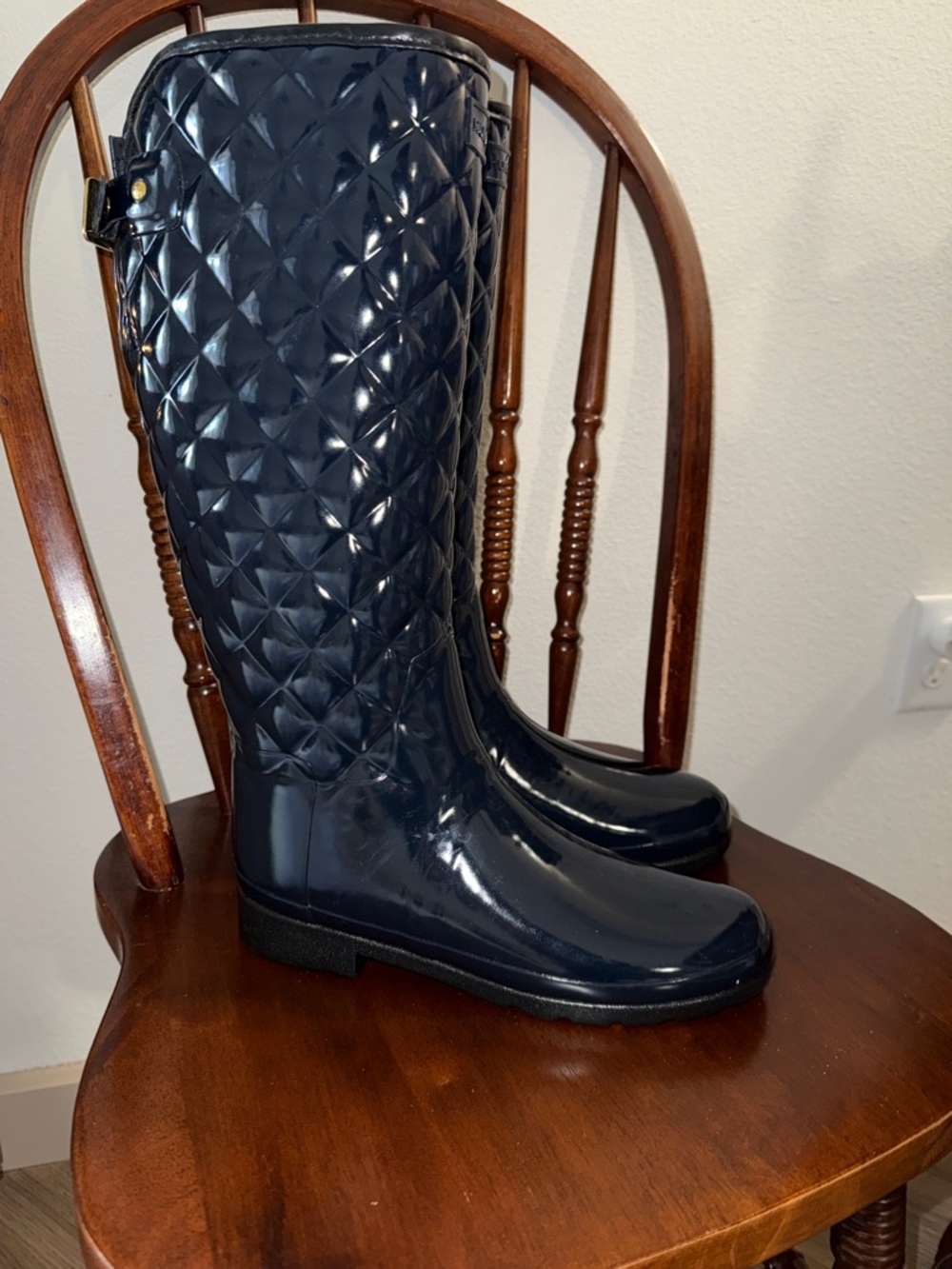 Hunter Quilted Tall Navy Rain Boots with Gold Buckle